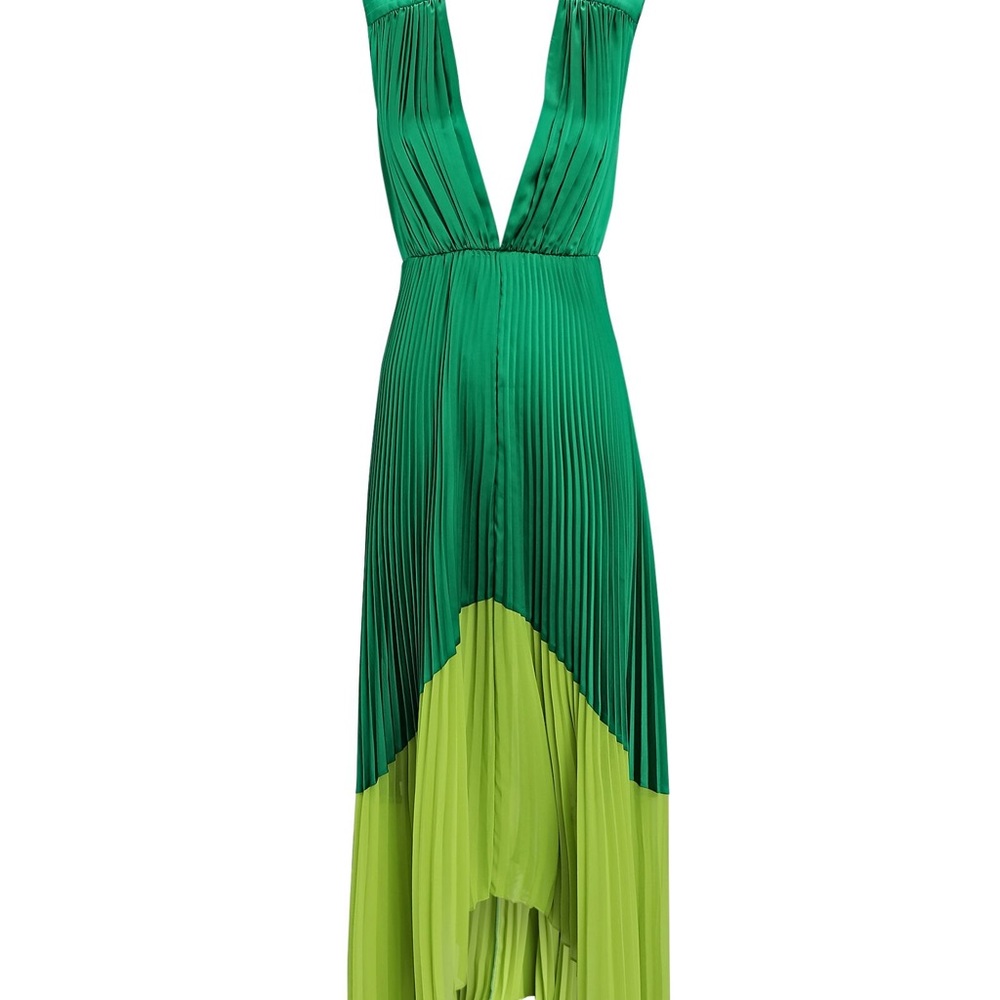 AMUR two toned pleated satin midi dress